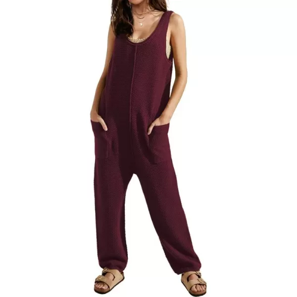 SuperPrity Jumpsuits for Women Summer Casual Sleeveless Sweater Jumpers with Pockets Knit Long Pants Rompers Baggy OverallsBurgundy