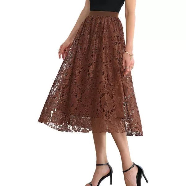 SuperPrity Women Skirts High Waist Long Skirts Elegant Two Layered Flowy Lace Aline Flared Midi Skirts01coffee Brown