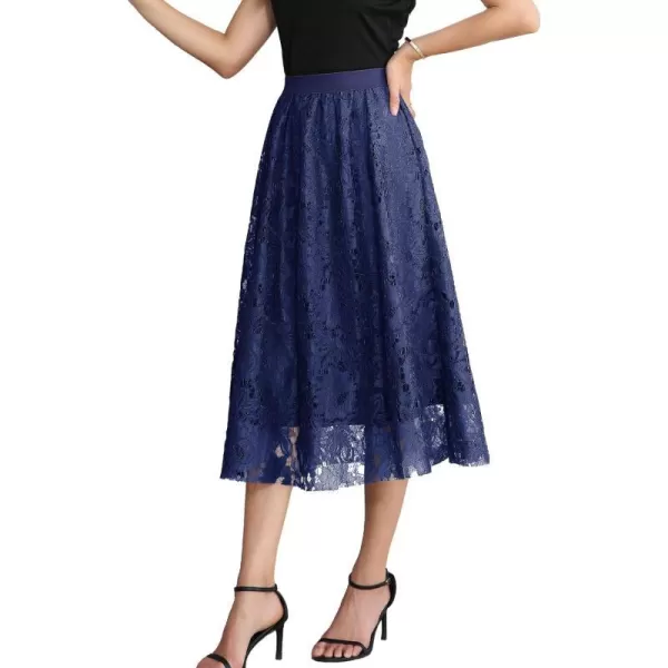 SuperPrity Women Skirts High Waist Long Skirts Elegant Two Layered Flowy Lace Aline Flared Midi Skirts03blue