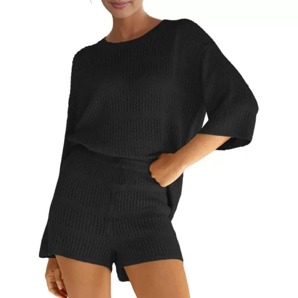 SuperPrity Women Swimsuit Coverup Set 2 Piece Crochet Hollow Out Knit 34 Sleeve Tops and Shorts Set Summer Beach OutfitsBlack