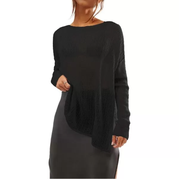 SuperPrity Women Tops Long Sleeve Crochet Knit Pullover Sweater Summer See Through Hollow Out Side Split Cover UpBlack