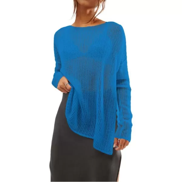 SuperPrity Women Tops Long Sleeve Crochet Knit Pullover Sweater Summer See Through Hollow Out Side Split Cover UpBlue