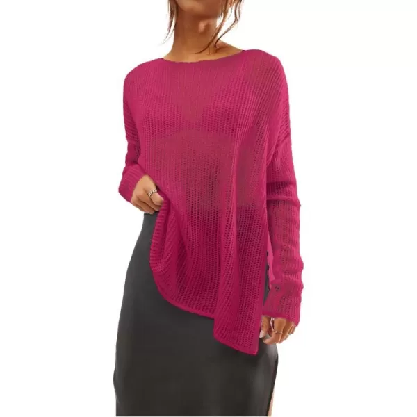 SuperPrity Women Tops Long Sleeve Crochet Knit Pullover Sweater Summer See Through Hollow Out Side Split Cover UpRose Red