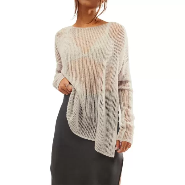 SuperPrity Women Tops Long Sleeve Crochet Knit Pullover Sweater Summer See Through Hollow Out Side Split Cover UpWhite