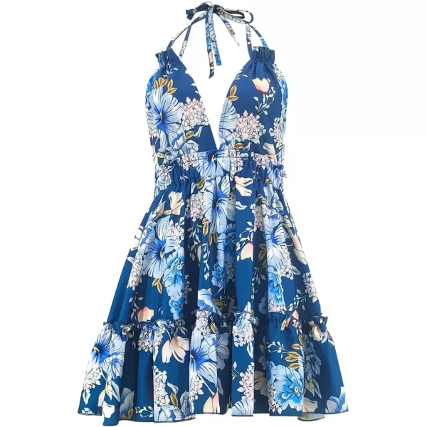 SouqFone Summer Mini Dress for Women V Neck Bohemia Beach Party Dresses01blue Floral