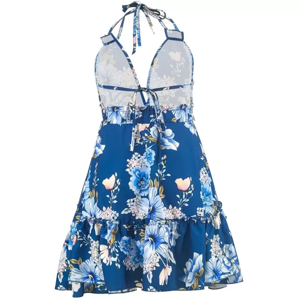 SouqFone Summer Mini Dress for Women V Neck Bohemia Beach Party Dresses01blue Floral