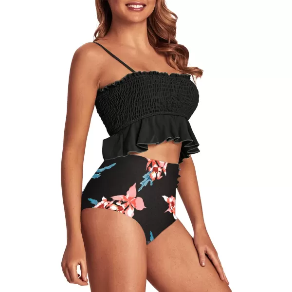 SouqFone Two Piece High Waisted Bikinis Swimsuits Tummy Coverage Bathing Suits001black