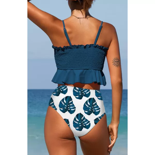 SouqFone Two Piece High Waisted Bikinis Swimsuits Tummy Coverage Bathing Suits001blue