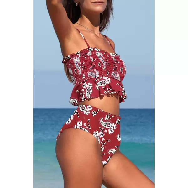 SouqFone Two Piece High Waisted Bikinis Swimsuits Tummy Coverage Bathing Suits001red Floral