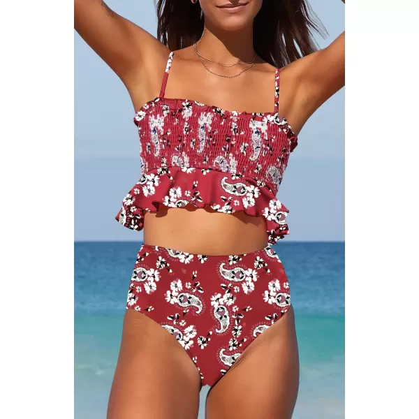 SouqFone Two Piece High Waisted Bikinis Swimsuits Tummy Coverage Bathing Suits001red Floral