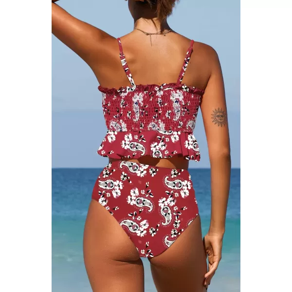 SouqFone Two Piece High Waisted Bikinis Swimsuits Tummy Coverage Bathing Suits001red Floral