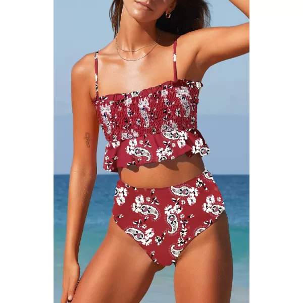 SouqFone Two Piece High Waisted Bikinis Swimsuits Tummy Coverage Bathing Suits001red Floral