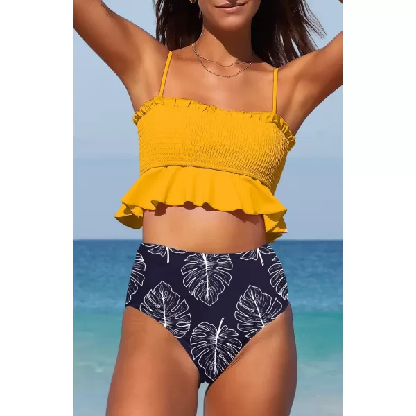 SouqFone Two Piece High Waisted Bikinis Swimsuits Tummy Coverage Bathing Suits001yellow