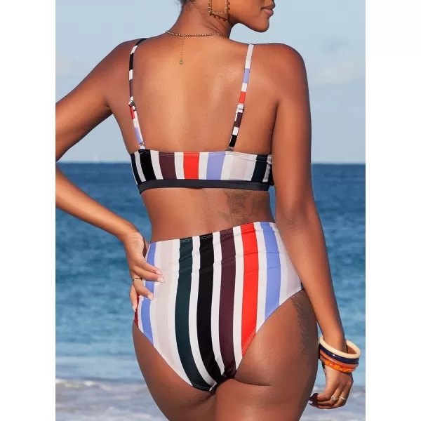 SouqFone Two Piece High Waisted Bikinis Swimsuits Tummy Coverage Bathing Suits01multi Stripe01