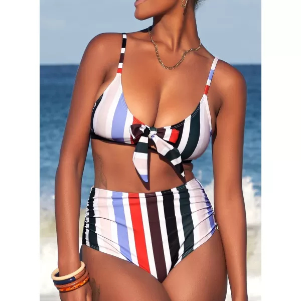 SouqFone Two Piece High Waisted Bikinis Swimsuits Tummy Coverage Bathing Suits01multi Stripe01