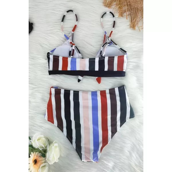 SouqFone Two Piece High Waisted Bikinis Swimsuits Tummy Coverage Bathing Suits01multi Stripe01