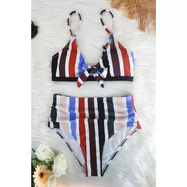 SouqFone Two Piece High Waisted Bikinis Swimsuits Tummy Coverage Bathing Suits01multi Stripe01