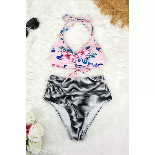 SouqFone Two Piece High Waisted Bikinis Swimsuits Tummy Coverage Bathing Suits02pink