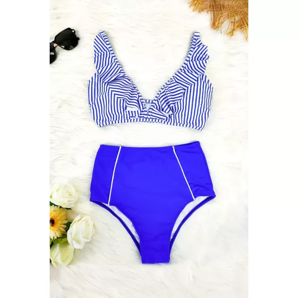 SouqFone Two Piece High Waisted Bikinis Swimsuits Tummy Coverage Bathing Suits03blue Stripe
