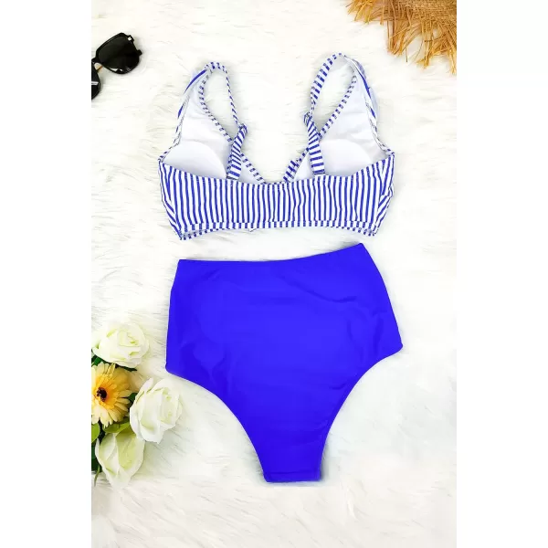 SouqFone Two Piece High Waisted Bikinis Swimsuits Tummy Coverage Bathing Suits03blue Stripe