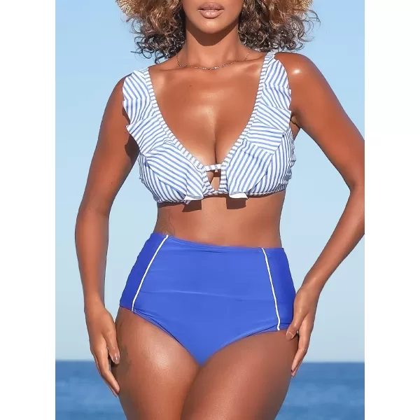 SouqFone Two Piece High Waisted Bikinis Swimsuits Tummy Coverage Bathing Suits03blue Stripe