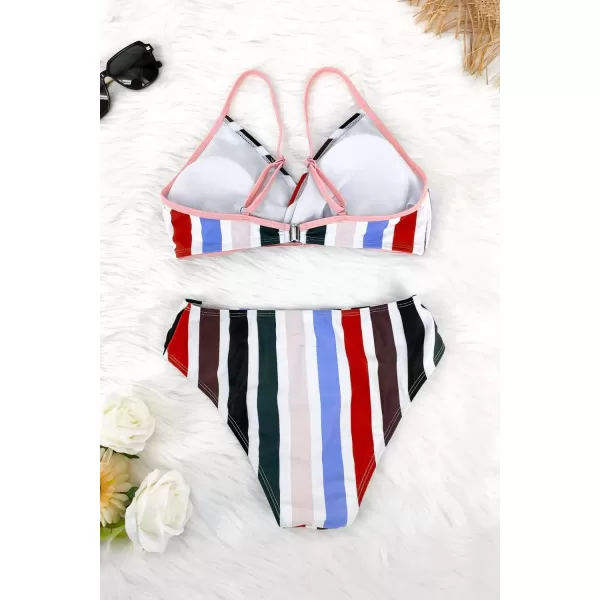 SouqFone Two Piece High Waisted Bikinis Swimsuits Tummy Coverage Bathing Suits05multicolor Stripe03