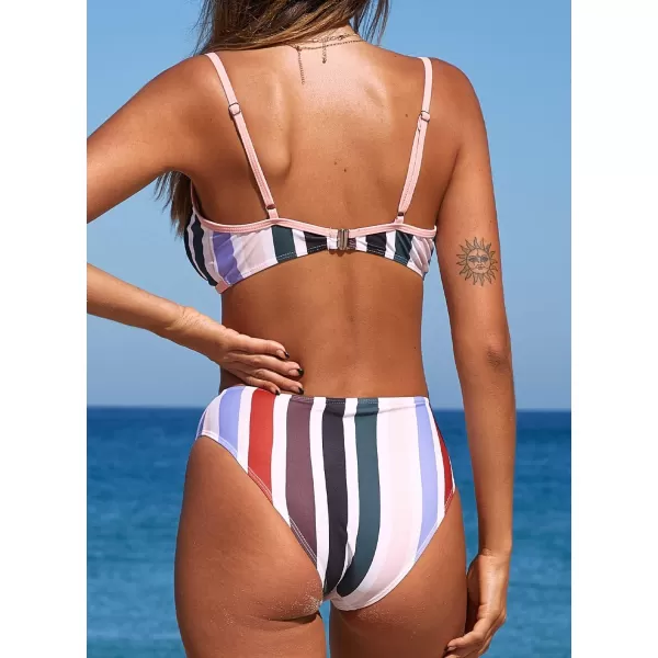 SouqFone Two Piece High Waisted Bikinis Swimsuits Tummy Coverage Bathing Suits05multicolor Stripe03