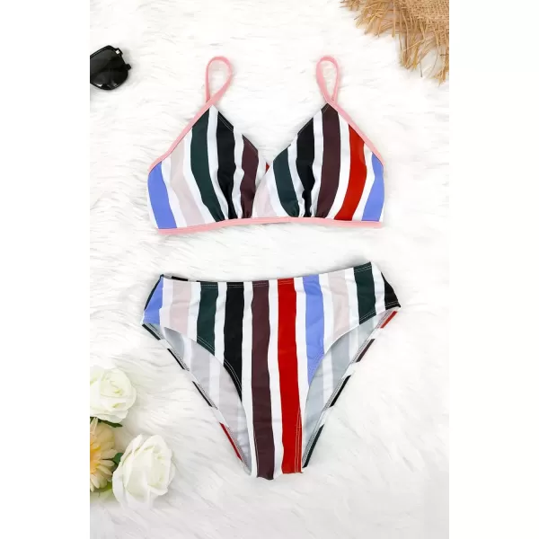 SouqFone Two Piece High Waisted Bikinis Swimsuits Tummy Coverage Bathing Suits05multicolor Stripe03