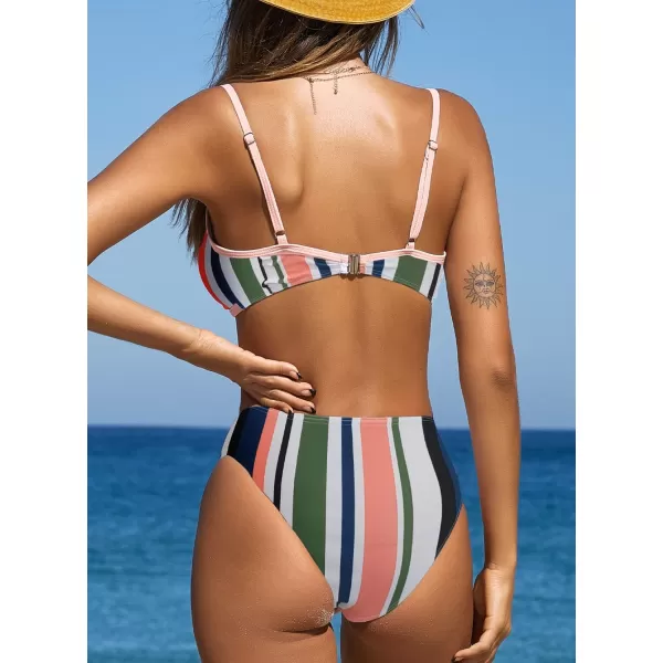 SouqFone Two Piece High Waisted Bikinis Swimsuits Tummy Coverage Bathing Suits06multicolor Stripe04