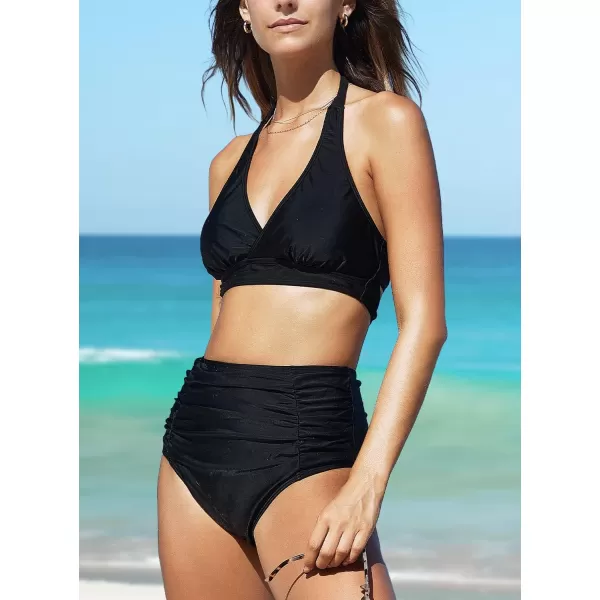 SouqFone Two Piece High Waisted Bikinis Swimsuits Tummy Coverage Bathing Suits07black