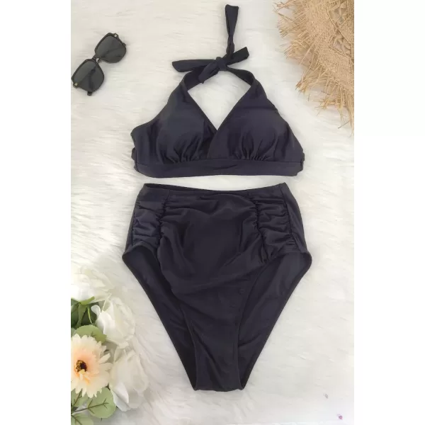 SouqFone Two Piece High Waisted Bikinis Swimsuits Tummy Coverage Bathing Suits07black