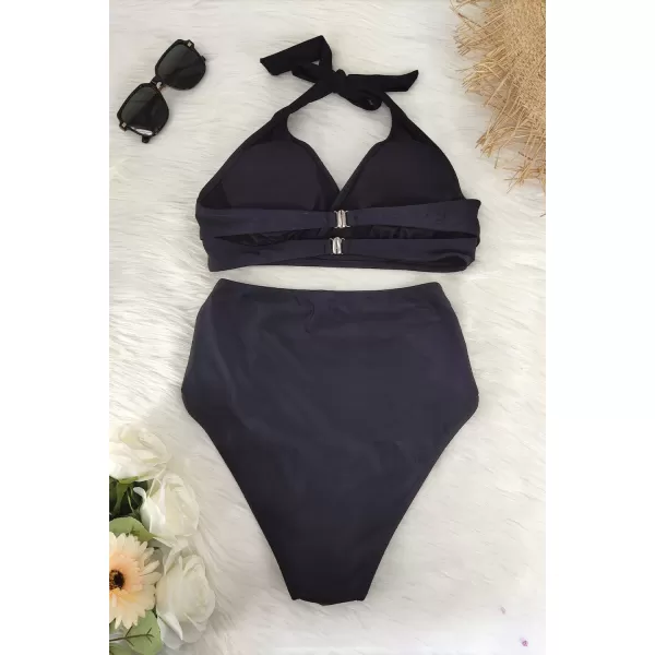 SouqFone Two Piece High Waisted Bikinis Swimsuits Tummy Coverage Bathing Suits07black
