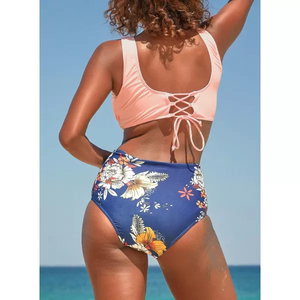 SouqFone Two Piece High Waisted Bikinis Swimsuits Tummy Coverage Bathing Suits08peachy Blue