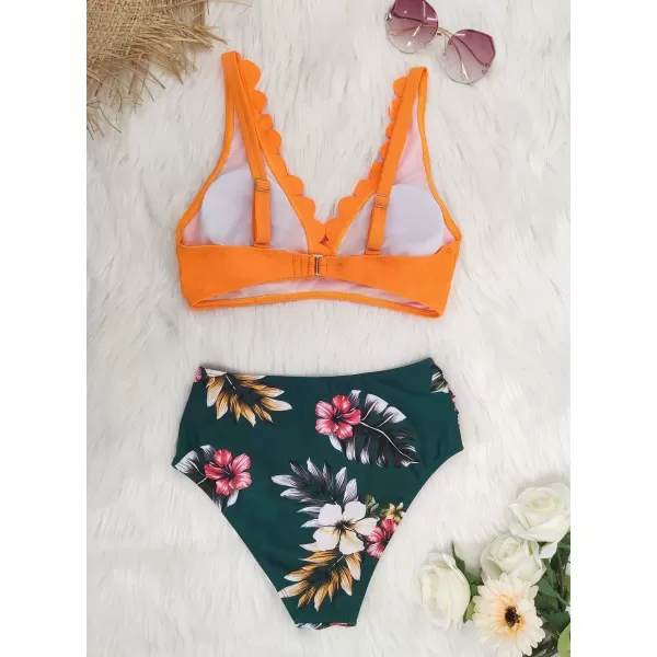 SouqFone Two Piece High Waisted Bikinis Swimsuits Tummy Coverage Bathing Suits13orange