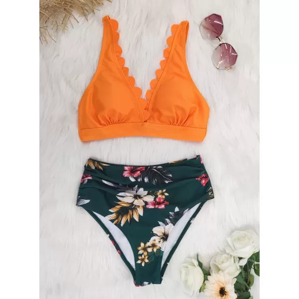 SouqFone Two Piece High Waisted Bikinis Swimsuits Tummy Coverage Bathing Suits13orange