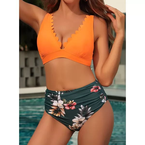 SouqFone Two Piece High Waisted Bikinis Swimsuits Tummy Coverage Bathing Suits13orange