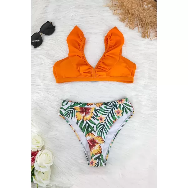 SouqFone Women 2 Piece Swimsuits Low Rise or Mid Waisted Bikini Set02orange Floral