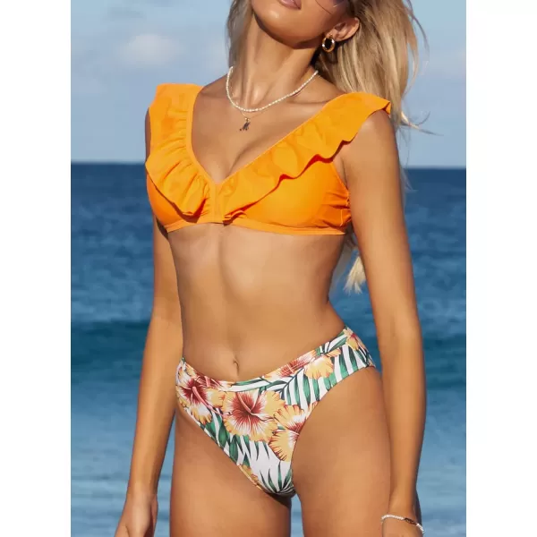 SouqFone Women 2 Piece Swimsuits Low Rise or Mid Waisted Bikini Set02orange Floral