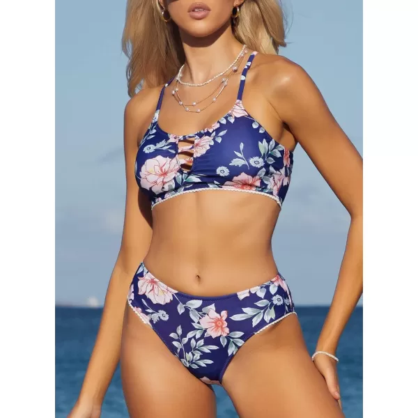 SouqFone Women 2 Piece Swimsuits Low Rise or Mid Waisted Bikini Set04blue Floral