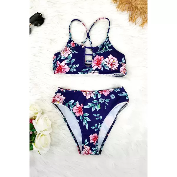 SouqFone Women 2 Piece Swimsuits Low Rise or Mid Waisted Bikini Set04blue Floral