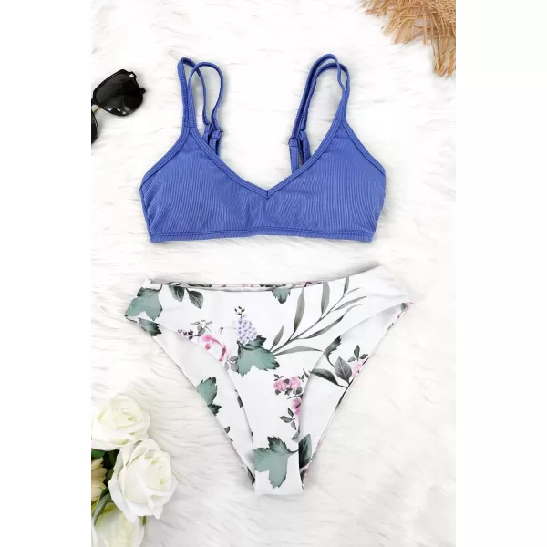 SouqFone Women 2 Piece Swimsuits Low Rise or Mid Waisted Bikini Set06light Blue Flower