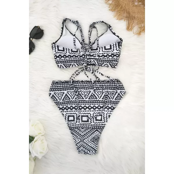 SouqFone Women 2 Piece Swimsuits Low Rise or Mid Waisted Bikini Set09black White