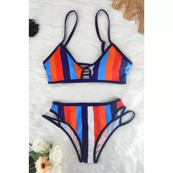 SouqFone Women 2 Piece Swimsuits Low Rise or Mid Waisted Bikini Set10multi Stripe