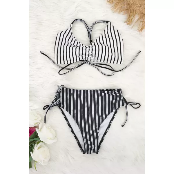 SouqFone Women 2 Piece Swimsuits Low Rise or Mid Waisted Bikini Set15black White Striped