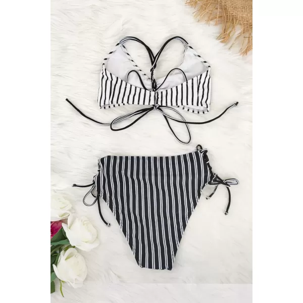 SouqFone Women 2 Piece Swimsuits Low Rise or Mid Waisted Bikini Set15black White Striped