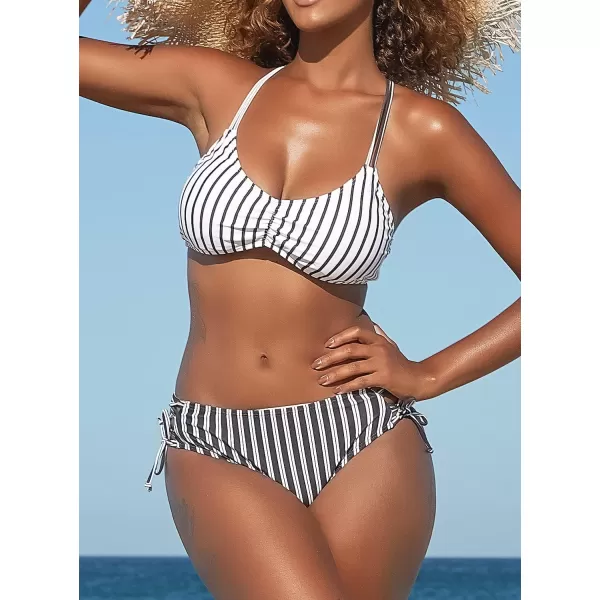 SouqFone Women 2 Piece Swimsuits Low Rise or Mid Waisted Bikini Set15black White Striped