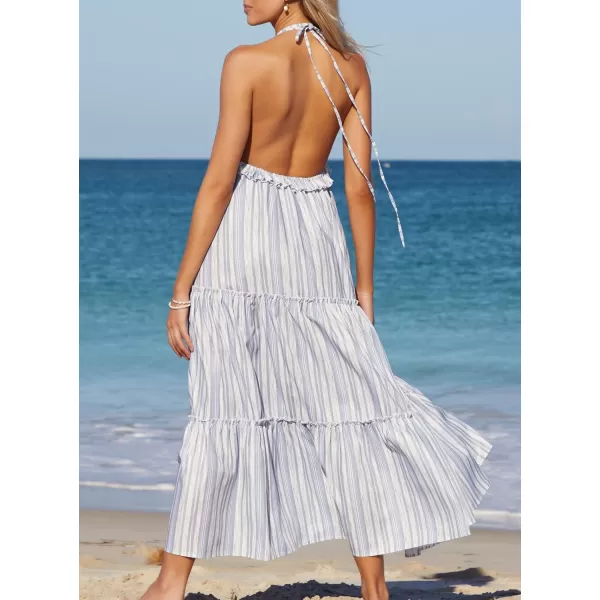 SouqFone Womens Summer Casual Long Dresses V Neck Beach Party Dress06grey Striped
