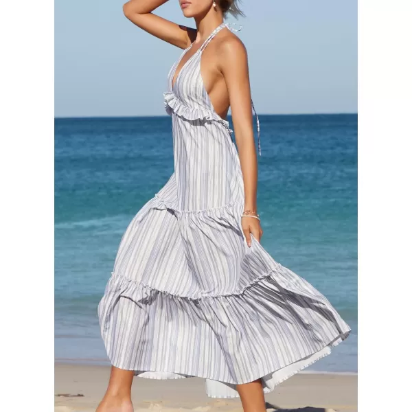 SouqFone Womens Summer Casual Long Dresses V Neck Beach Party Dress06grey Striped