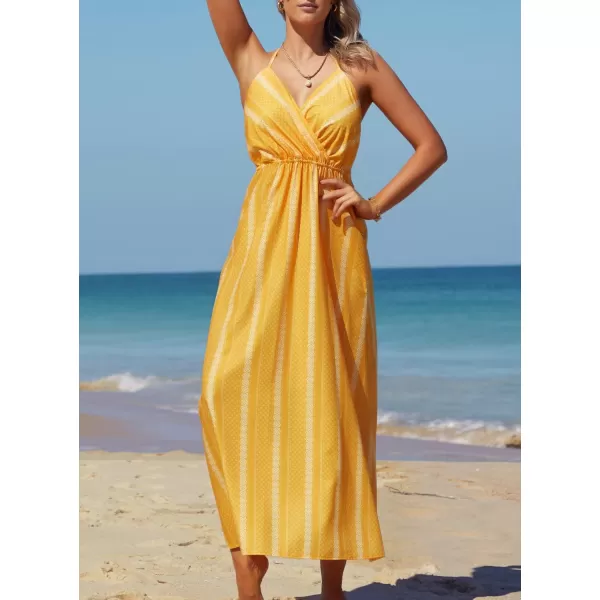 SouqFone Womens Summer Casual Long Dresses V Neck Beach Party Dress19yellow Stripe