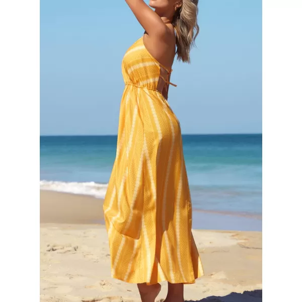 SouqFone Womens Summer Casual Long Dresses V Neck Beach Party Dress19yellow Stripe